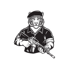 Naklejka premium Tiger Soldier Vector, Armed Animal Illustration, Military Tiger Mascot, Black and White Clipart