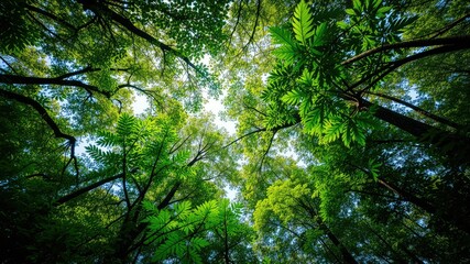 Obraz premium Emerald Forest Elevation: Looking Up Through Verdant Trees