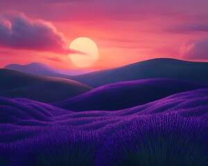 Rolling lavender hills under a vibrant pink and purple sunset