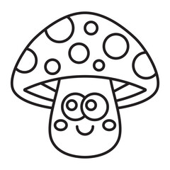 Cute cartoon mushroom with smiling face and polka dots, outline style, isolated on white background.