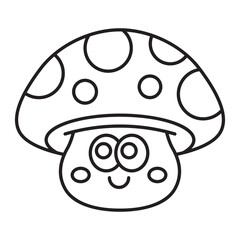 Smiling spotted mushroom cartoon outline character isolated on white background.