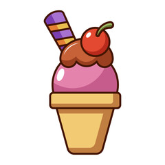 Cartoon pink ice cream cone with chocolate syrup and cherry isolated on white background