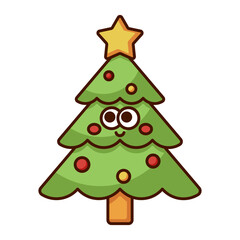 Cute smiling Christmas tree cartoon icon with star and ornaments isolated on white background