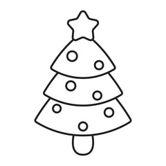 Christmas tree outline icon with star and ornaments isolated on white background