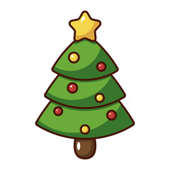 Cartoon Christmas tree icon with star and ornaments isolated on white background