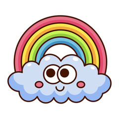 Cute smiling cloud with colorful rainbow cartoon icon isolated on white background