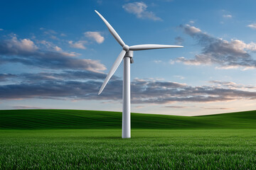 Fototapeta premium Wind Turbine On Green Field Against Blue Sky For Renewable Energy Concept
