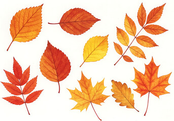 Obraz premium Collection of Watercolor Autumn Leaves Orange Red and Yellow Foliage in Various Shapes and Sizes.
