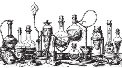 Engraved alchemy tools and potion bottles with detailed historic etching lines