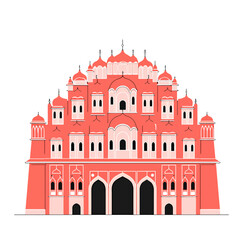 Hawa Mahal Jaipur Rajasthan Line Art Illustration, Detailed Black and White Drawing of Famous Indian Palace with Jharokha Windows, Lattice Facade and Rajput Mughal Architecture	