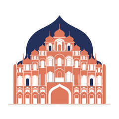 Hawa Mahal Jaipur Rajasthan Line Art Illustration, Detailed Black and White Drawing of Famous Indian Palace with Jharokha Windows, Lattice Facade and Rajput Mughal Architecture	