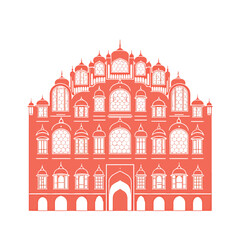 Hawa Mahal Jaipur Rajasthan Line Art Illustration, Detailed Black and White Drawing of Famous Indian Palace with Jharokha Windows, Lattice Facade and Rajput Mughal Architecture	