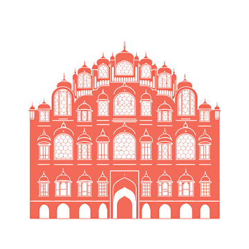 Hawa Mahal Jaipur Rajasthan Line Art Illustration, Detailed Black and White Drawing of Famous Indian Palace with Jharokha Windows, Lattice Facade and Rajput Mughal Architecture	