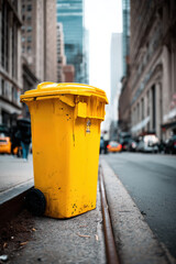 Naklejka premium Yellow garbage can in the city