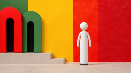 White Figurine Before a Multicolored Geometric Archway