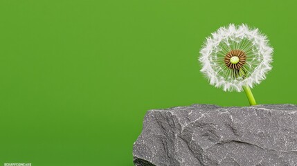 White Dandelion Seed Head on Dark Gray Rock Against Green Background