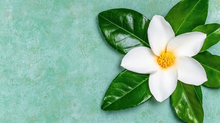 White Flower with Green Leaves on Teal Background