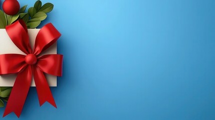 White Gift Box with Red Ribbon and Holly on Blue Background