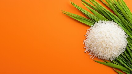 White Rice Grains and Green Plants on Orange Background