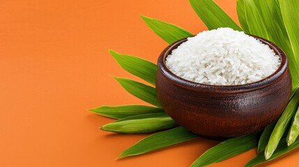 White Rice in Rustic Bowl with Green Leaves on Orange Background