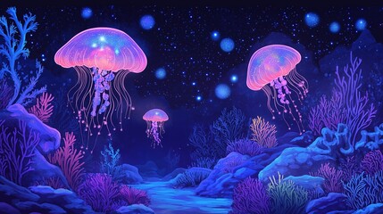 Whimsical underwater illustration featuring glowing jellyfish, seashells holding stars and galaxies, and colorful coral forests, portraying a fantasy ocean filled with magical cosmic dreamlight 