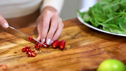Slicing Red Chilies on Wooden Cutting Board - Powered by Adobe