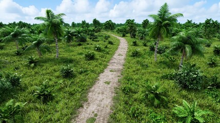 Winding Dirt Path Through Lush Green Tropical Landscape Under Partly Cloudy Sky