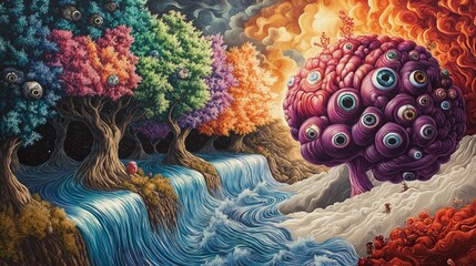 Creative multicolored illustrated landscape shaped like a brain, filled with eyeball trees, glowing rivers, and twisting rainbow paths, symbolizing chaotic thoughts and the nature of imaginative think