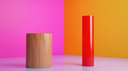 Wooden Cylinder and Red Rectangular Prism on Pink and Orange Gradient Backdrop