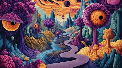 Surreal illustration of a dreamlike brain landscape with trees growing eyeballs, glowing multicolored rivers, and paths of infinity, symbolizing creative thought, chaos, and mental exploration in art