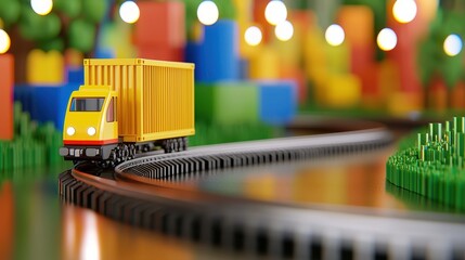 Yellow Container Truck on a Toy Train Track Amidst Voxel Block Buildings and Trees