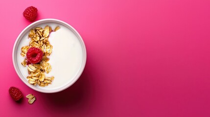 Yogurt Granola Raspberry Breakfast Bowl on Pink Background