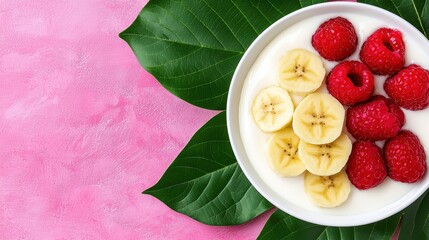 Yogurt with Bananas and Raspberries on Pink Background