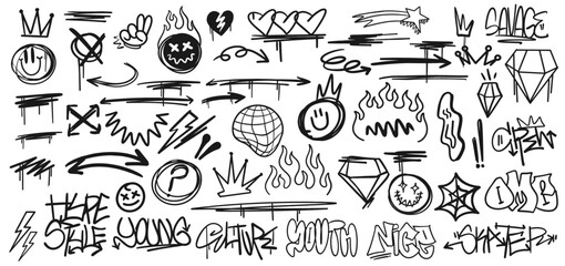 Scribbles graffiti element set, Urban elements symbols, Hand-drawn street art sign, Streetwear doodles collection, Street style graphic signs bundle © Universtock