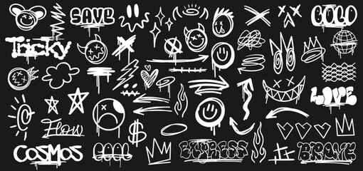 Urban elements symbols, Scribbles graffiti element set, Hand-drawn street art sign, Streetwear doodles collection, Street style graphic signs bundle © Universtock