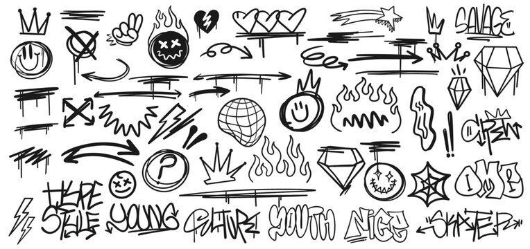 Scribbles graffiti element set, Urban elements symbols, Hand-drawn street art sign, Streetwear doodles collection, Street style graphic signs bundle - Powered by Adobe