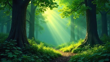 Magical Sunlight Dapples Lush Green Forest Floor, Ethereal Glow, Nature Photography