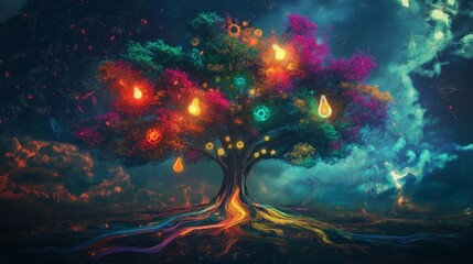 Illustrated multicolored tree with glowing symbolic leaves—gears, clouds, lightbulbs—and roots transforming into rainbow rivers flowing through a surreal, abstract dreamscape of creative imagination