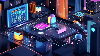 Vibrant digital cityscape showcasing futuristic technology with glowing elements and data visuals - Powered by Adobe