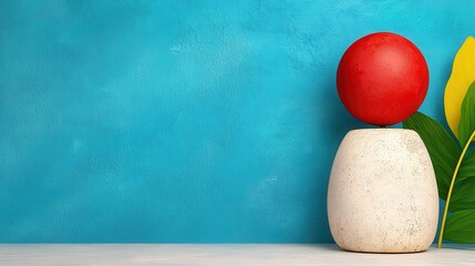 Red Sphere on White Speckled Container with Yellow and Green Leaves Turquoise Background
