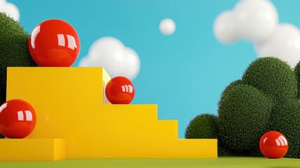 Red Spheres on Yellow Steps 3D Rendered Landscape