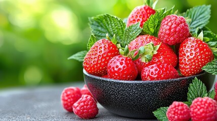 Red Strawberries and Raspberries in a Dark Bowl