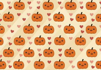 Obraz premium Cute Cartoon Pumpkin Pattern with Hearts on Beige Background.