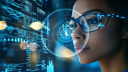 Woman wearing smart glasses analyzing digital data in a futuristic environment with glowing graphs - Powered by Adobe