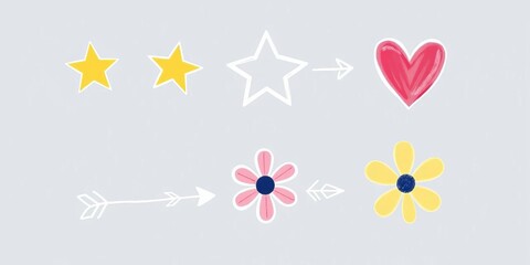 Cute hand-drawn star, arrow, heart, flower doodles; perfect for decoration,  collection,  graphic