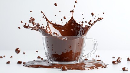 Dynamic chocolate splash erupting from glass cup, liquid crown formation, scattered droplets, smooth glossy surfaces, high-speed photography aesthetic, white background, commercial beverage