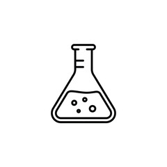 Erlenmeyer flask with liquid and bubbles simple line art icon for science