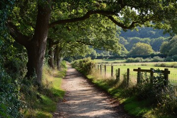 Dirt path lined by trees and a fence leads into a grassy field under a tree canopy