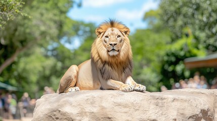 Naklejka premium A male lion is sitting on the top of the rock