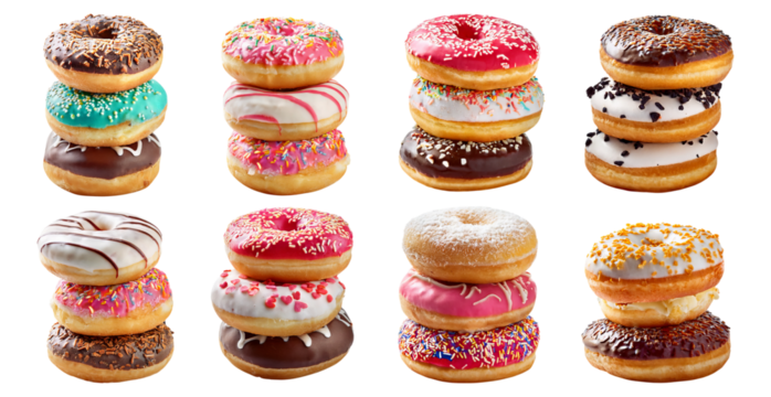 Assorted Delicious Donuts Stacked High with Colorful Frosting and Sprinkles, Isolated on Transparent, white background - Powered by Adobe